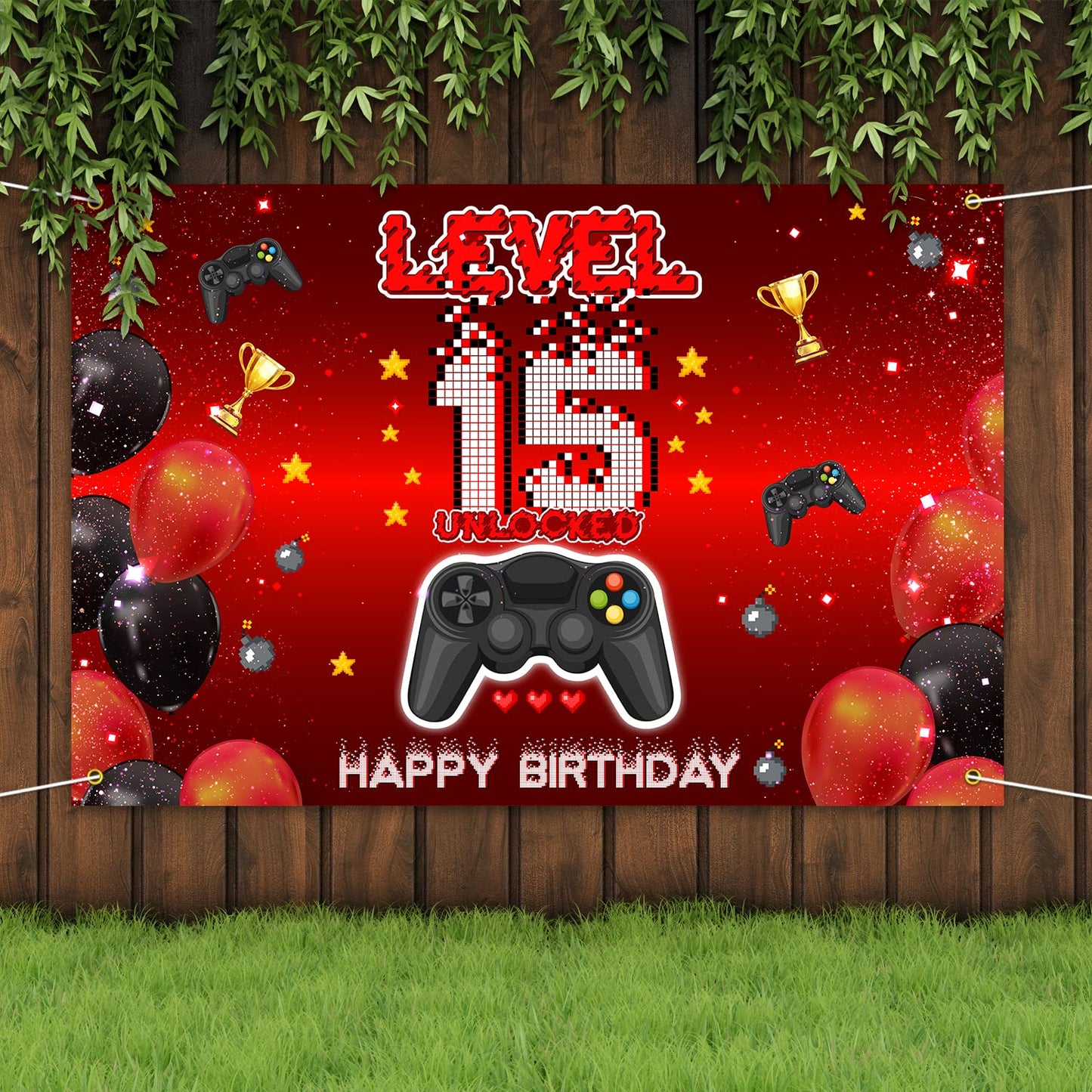 Level 15 Unlocked Backdrop Banner Decorations Video Game On Happy 15th Birthday for Boys Kids Red and Black 15 Years Old Level U