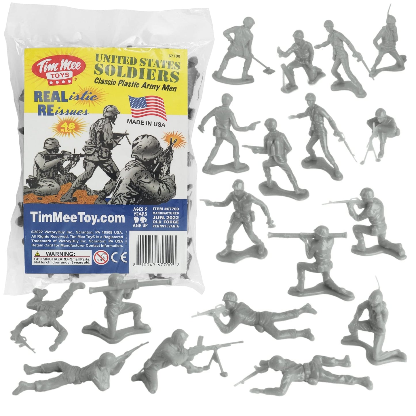 Tim Mee Plastic Army Men - 48pc Gray Toy Soldier Figures - Made in USA, Model TM-67700