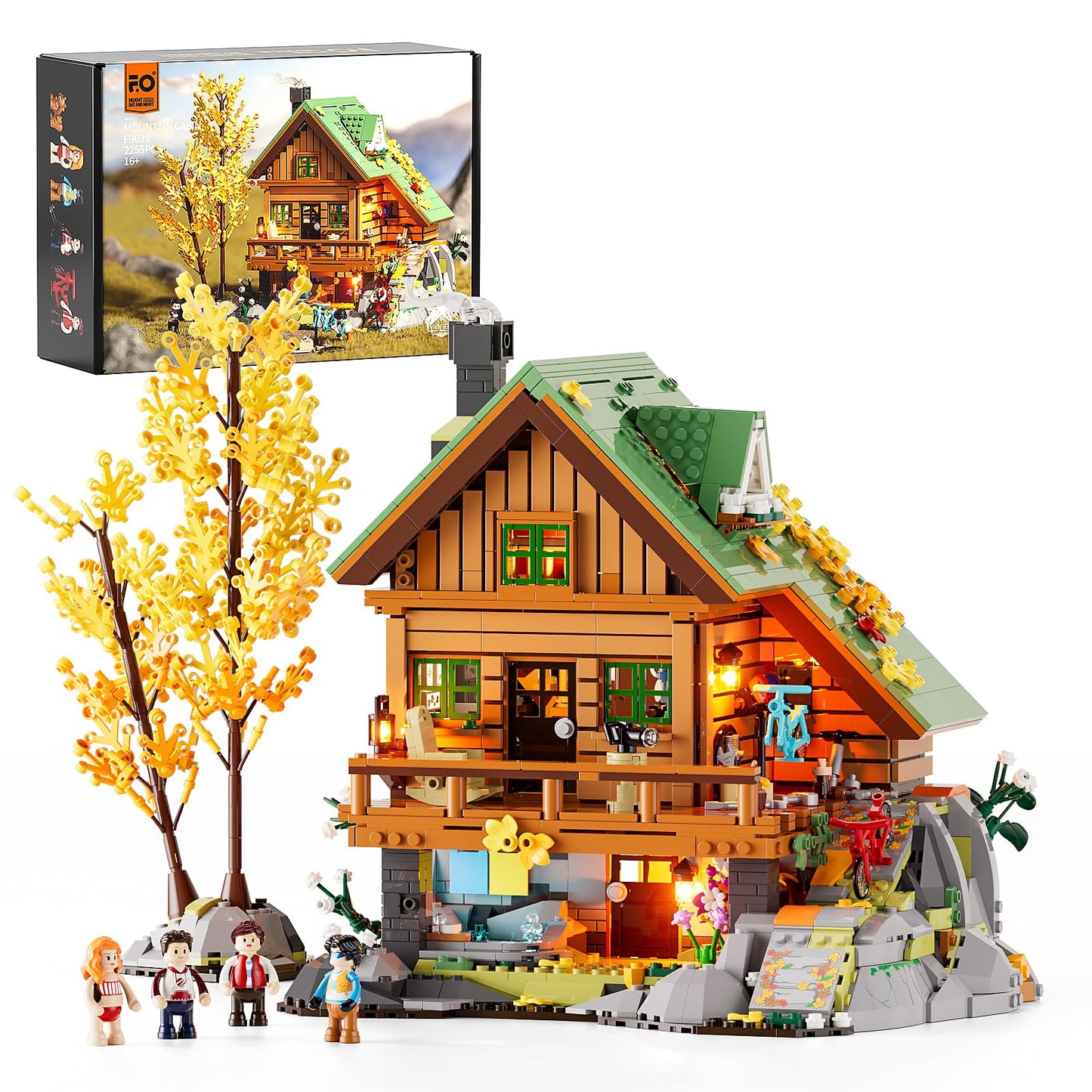 FUNWHOLE Mountain-Cabin Lighting Building Set - 2255 Pcs LED Light, Brown, Model F9035 for Adults and Teens