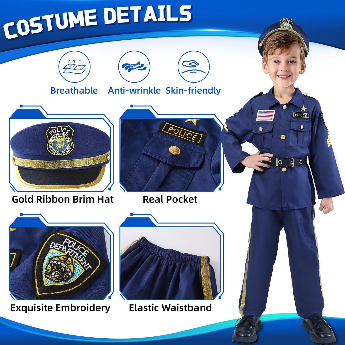 Qivbicy Police Costume for Kids - 11PCS Police Uniform Set, Navy Blue, S: 3-5Y, Nylon Material, Ideal for Role Play and Halloween