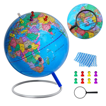 9'' World Globe For Kids Learning, Classroom Desk, Geographic Globe With Iron Stand & Colorful Magnetic Push Pins & Magnifier &