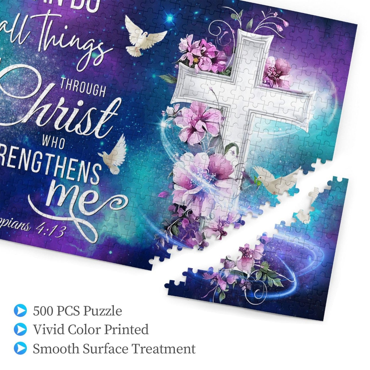 Christian Jigsaw Puzzles 500 Pieces for Adults, Shining Cross & Philippians 4:13 Bible Verse, Uplifting Religious Wooden Puzzle,