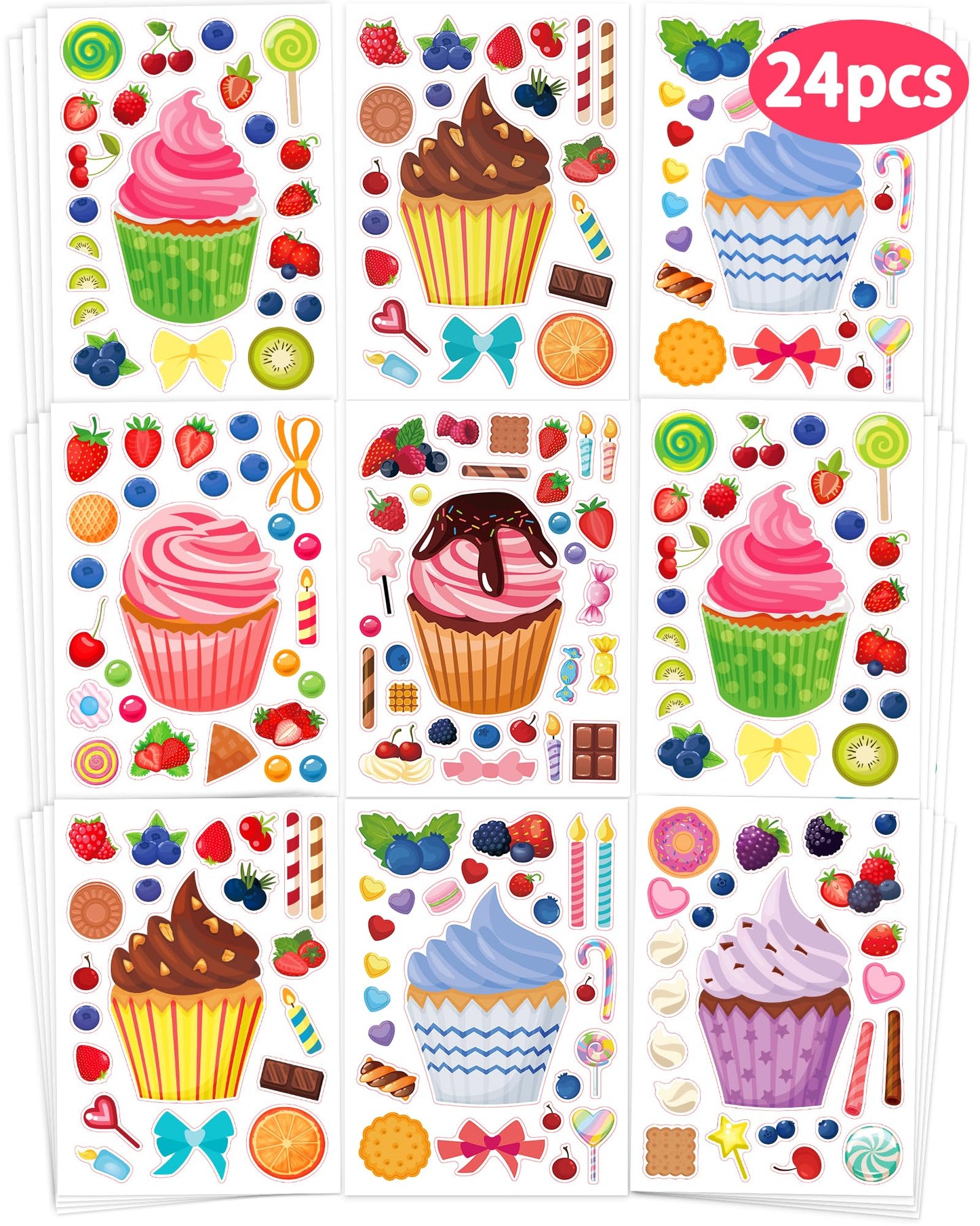 24 Pcs Make Your Own Cupcake Sticker Sheets For Kids, Cupcake Face Stickers For Kids Toddlers Crafts Activities Gifts Goodie Bag