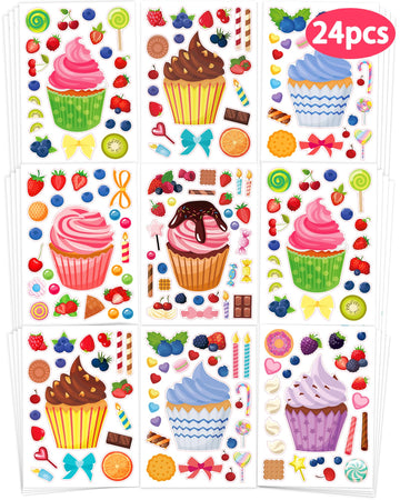 24 Pcs Make Your Own Cupcake Sticker Sheets For Kids, Cupcake Face Stickers For Kids Toddlers Crafts Activities Gifts Goodie Bag