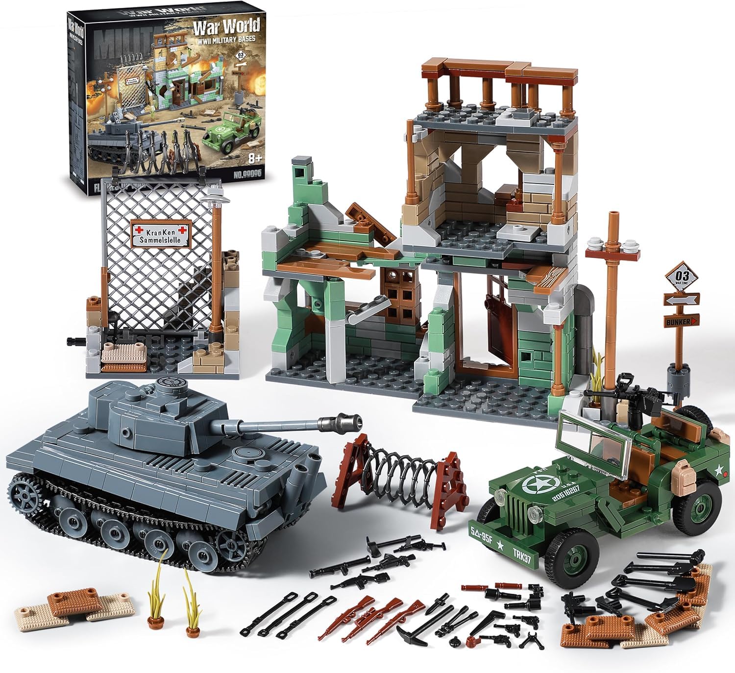 WW2 Military Base Building Set Compatible with Lego (1135 Pieces)  Includes German Tiger Army Tank  US Willys MB Military Vehicle  ed House & More  Great Gifts for Boys Kids & mature-themeds Age 8-14