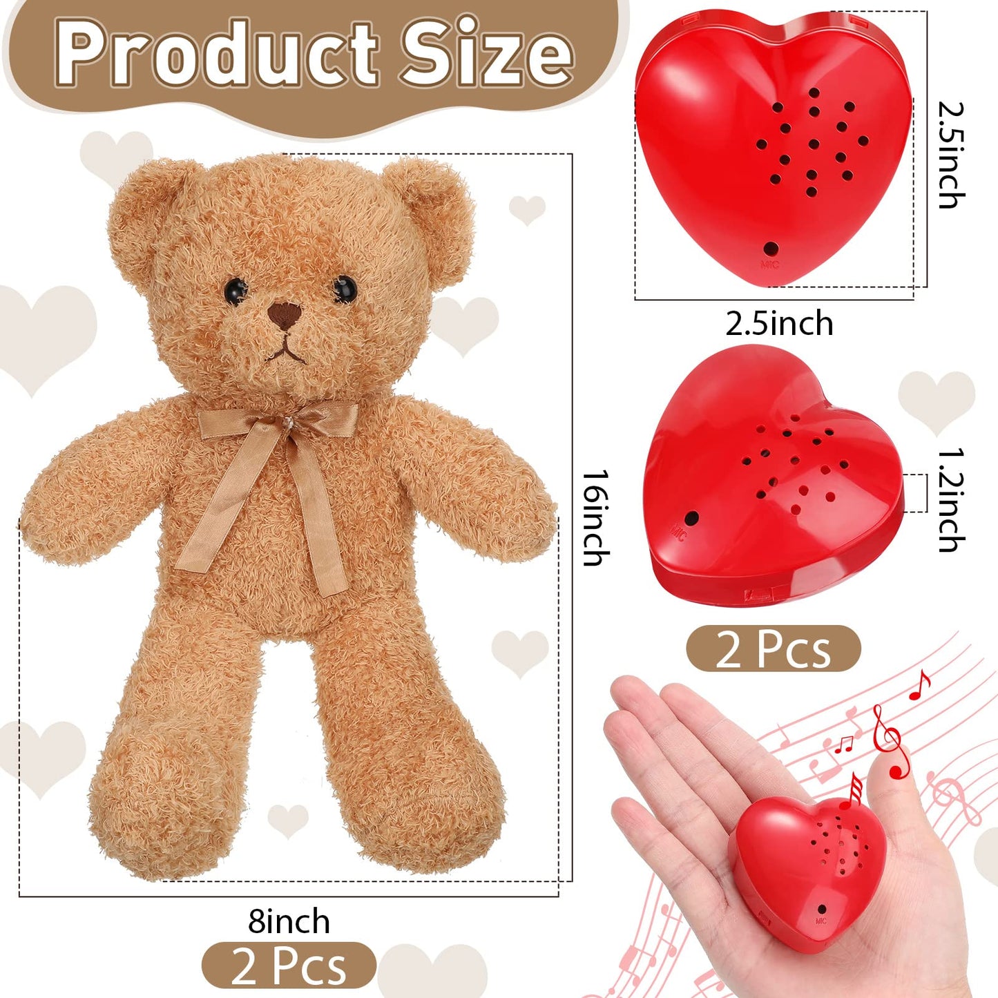 2 Pcs Bear Stuffed Animals With Voice Recorder Set, 60 Seconds Voice Sound Recorder Module 16 Inch Soft Plush Bear Cute Stuffed Bear With Zipper Sound Box Recordable Heart For Boys Girls (Light Brown)