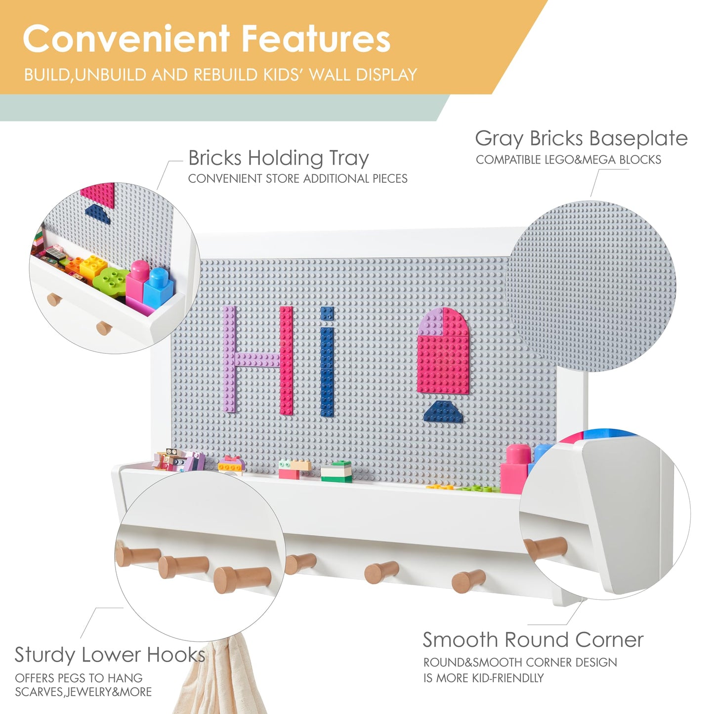Utex 2 In 1 Building Block Wall For Lego, Activity Wall Panel For Kids With Shelf And Hooks, Wood Kids Wall Shelf For Kids Room, Playrooom, Nursery