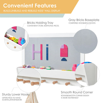 Utex 2 In 1 Building Block Wall For Lego, Activity Wall Panel For Kids With Shelf And Hooks, Wood Kids Wall Shelf For Kids Room, Playrooom, Nursery