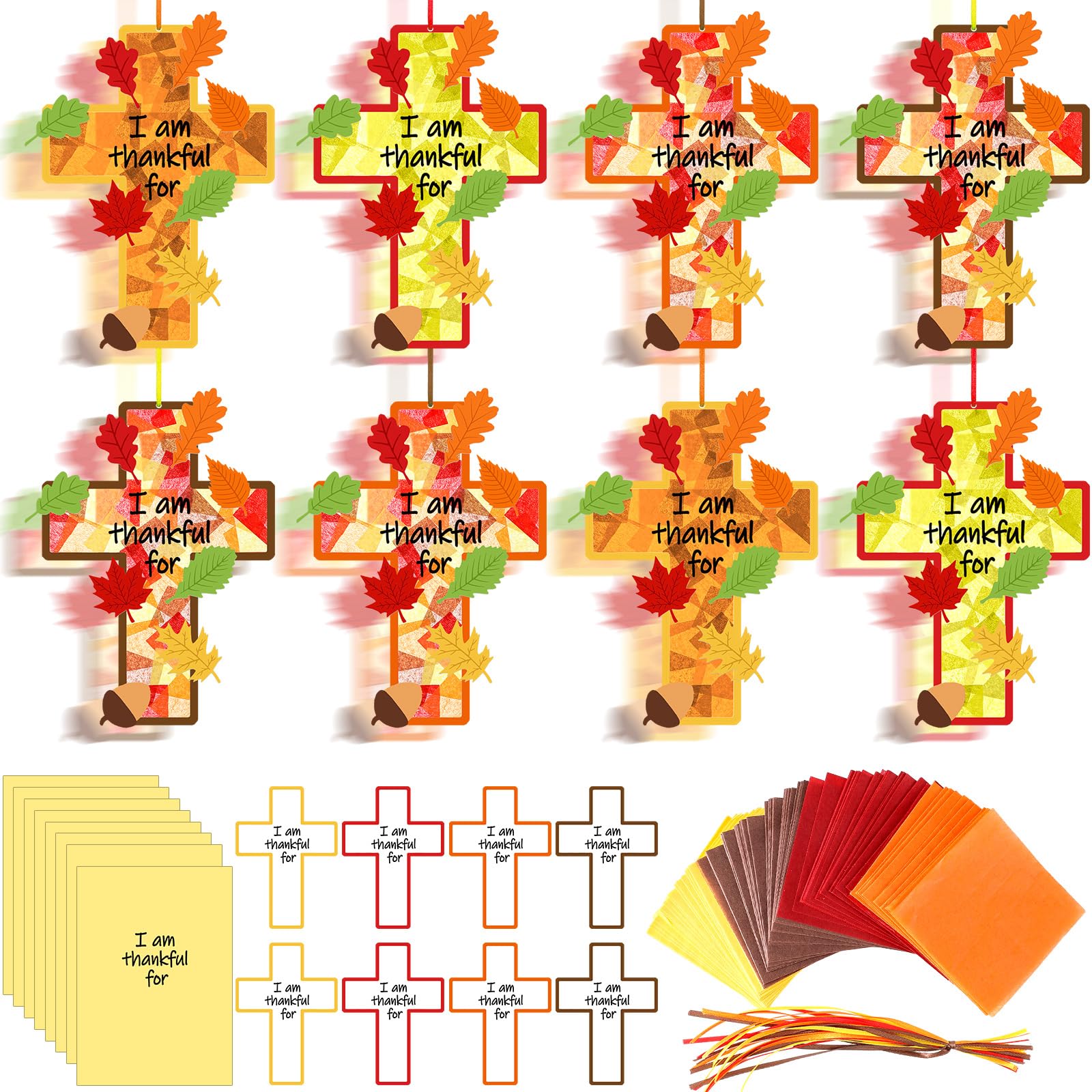 Lunmon 24 Sets Fall Suncatchers Crafts Thanksgiving Fall Blessing Tissue Paper Craft Christian Religious Jesus Cross Ornament fo