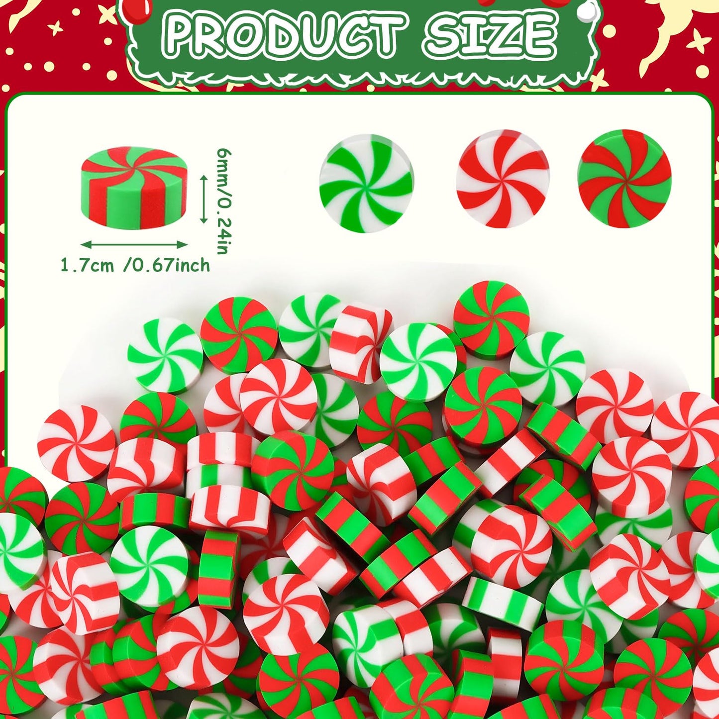JUNEBRUSHS 150Pcs Christmas Erasers for Kids Bulk, Cute Mini Peppermint Candy Cane Pencil Erasers Novelty Holiday Erasers for St
