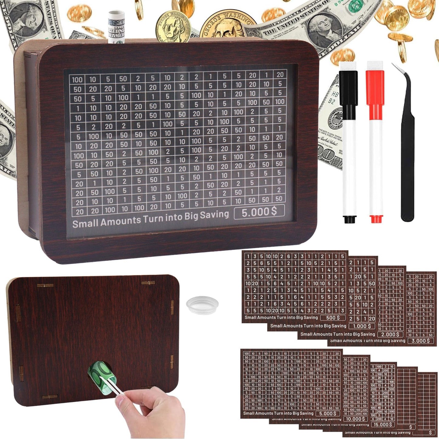 Cash Vault Wooden Savings Box 10000 5000 15000 3000 2000 1000 500 Cash Box With 2 Blank Savings Tracker, Official Save Box(Creat