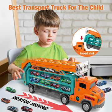 BainGesk Carrier Truck Toys for 2 3 4 5 6 Years Old Boys, 2.8 Ft Race Track Transport Cars Toys with 6 Die-Cast Metal Toy Cars,