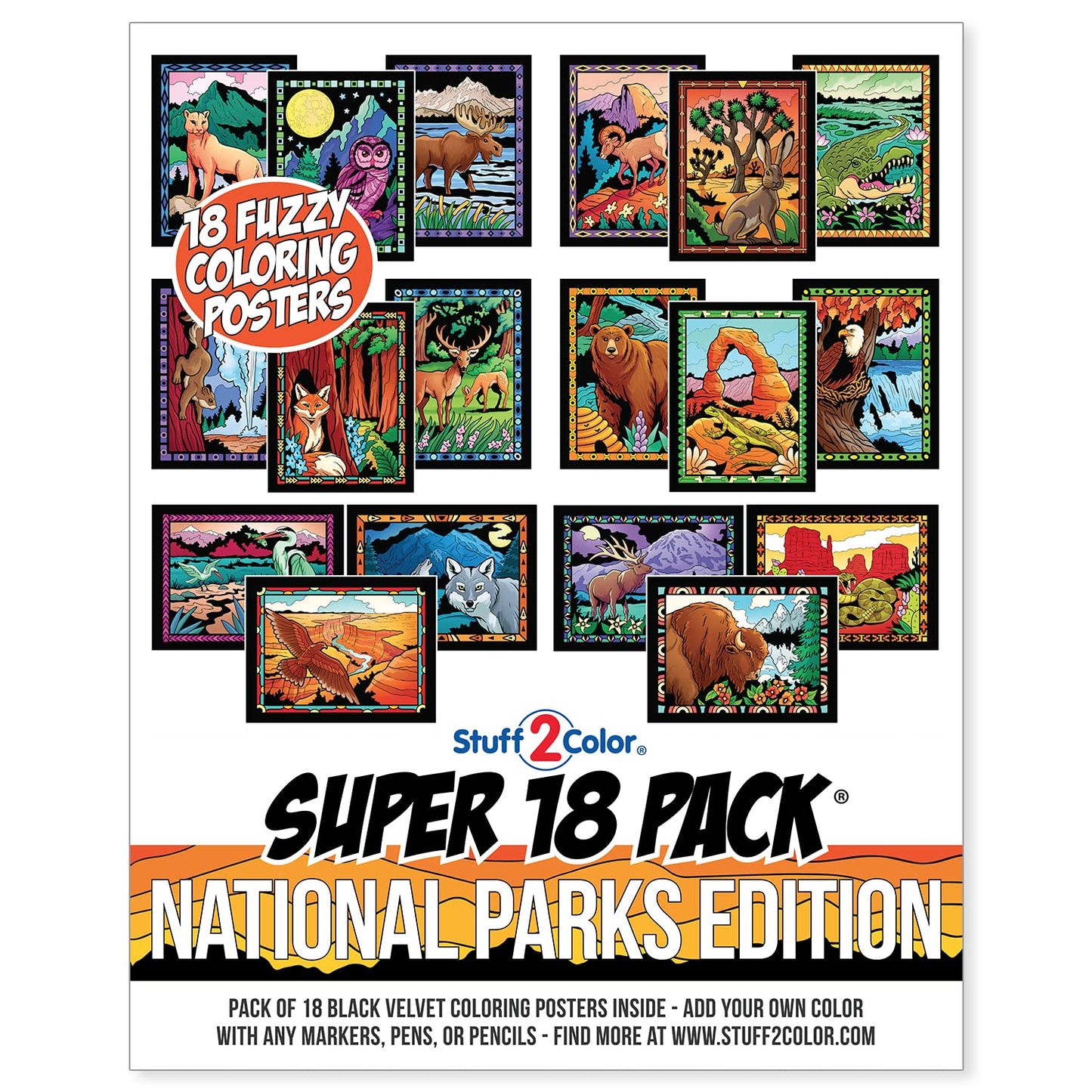 Super Pack of 18 Fuzzy Velvet Coloring Posters (National Parks Edition) - Great for Family Time, Arts & Crafts, Travel, At Home,