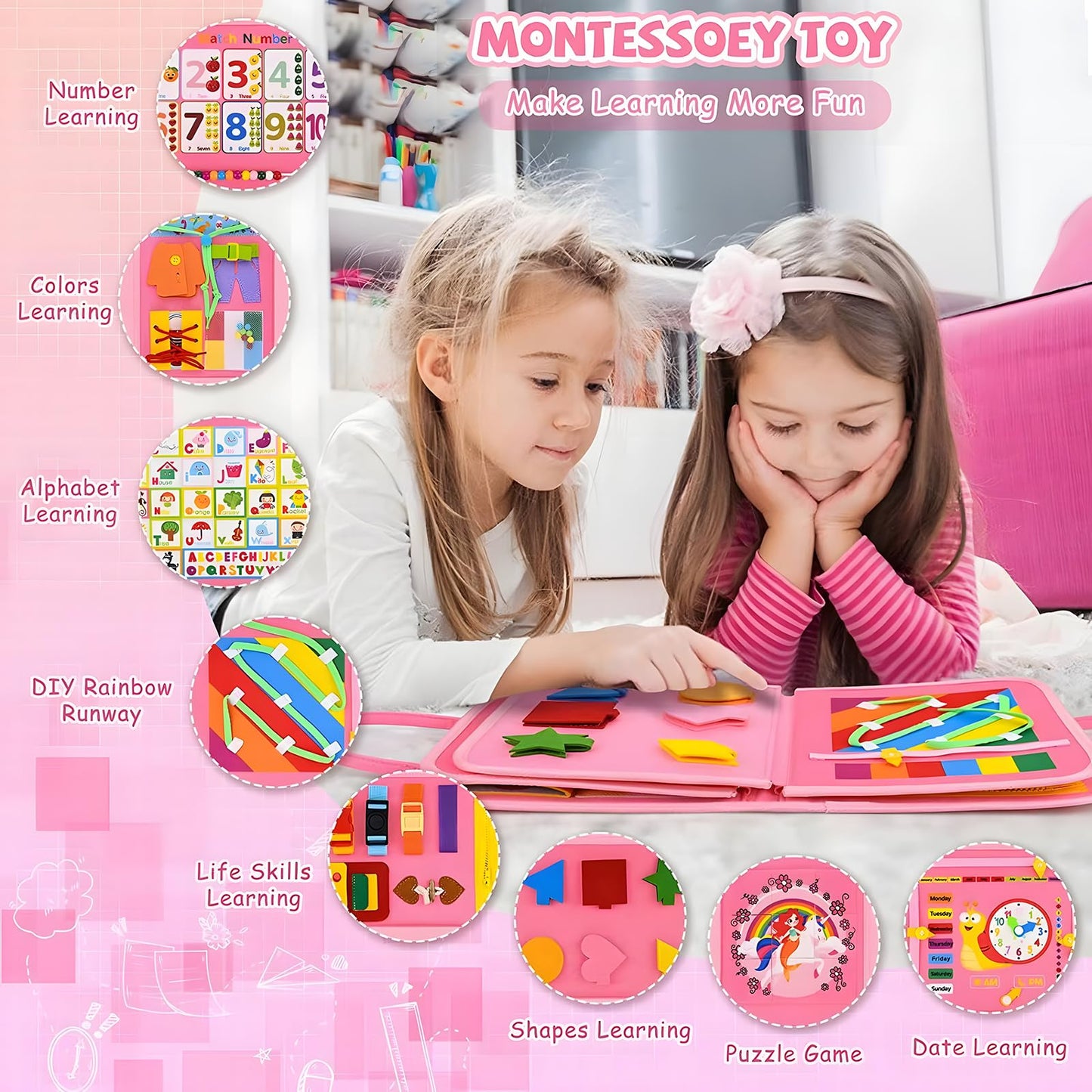 Busy Board for 1 Year Old Sensory Toys for Toddlers 1-3 Montessori Learning Busy Book for Boys Girls Preschool Toys Gift (Pink)