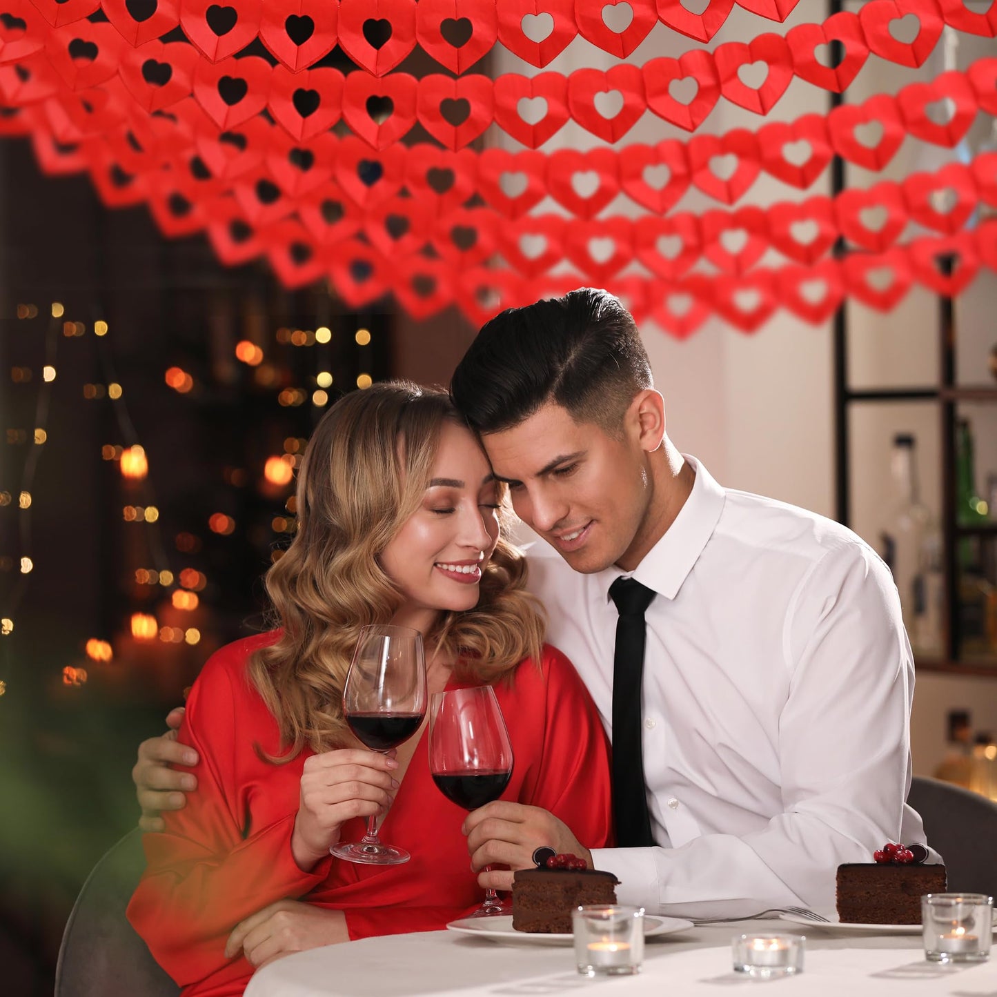 Tlswshsy 10Pcs Valentines Day Heart Garland Banner, 100Ft Pre-Strung Red Heart Paper Garland, Heart Shape Hanging Paper Decorati