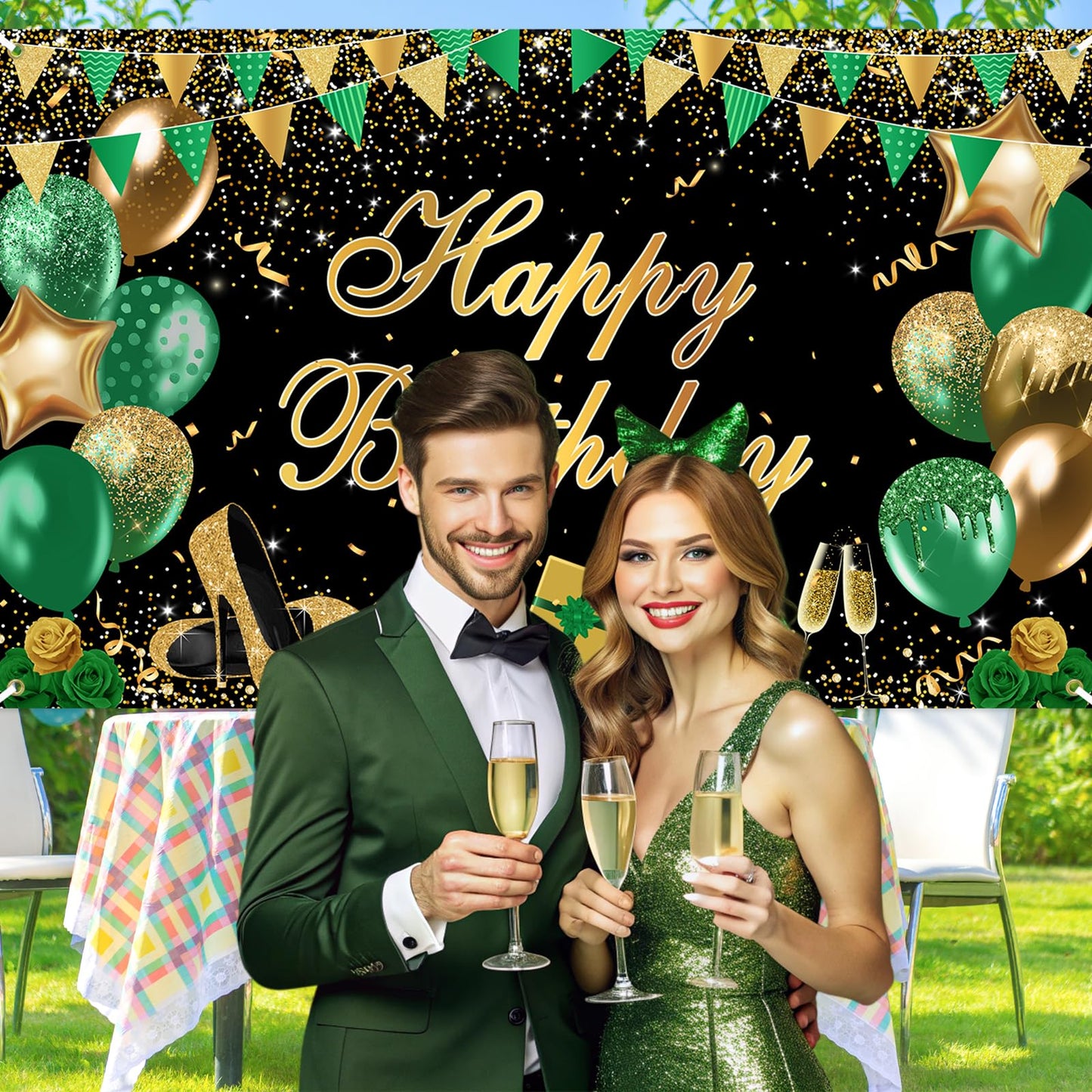 Avezano Green Happy Birthday Banner Green Gold Black Happy Birthday Backdrop Glitter Bday Party Decorations for Women 6 x 3.6 ft
