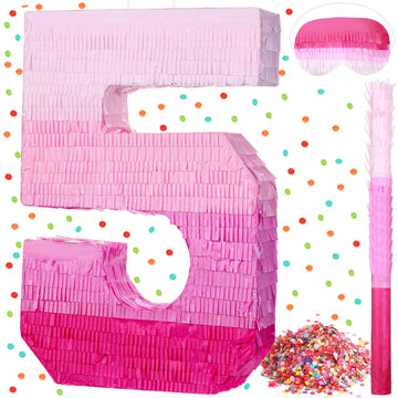 Sratte Number Piñata Pink Piñata Birthday Decorations Gradient With Stick Blindfold Confetti For Girls Boys Birthday Anniversary Party Decorations Supplies(Number 5)