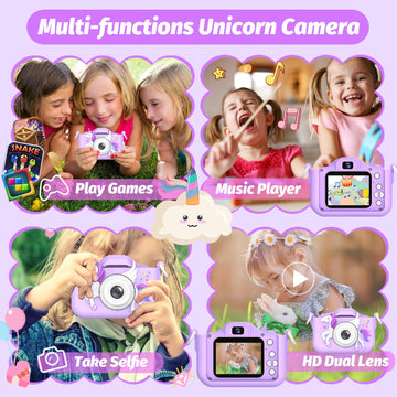 2024 Upgrade Unicorn Kids Camera For Girls, Christmas Birthday Gift For Girls Boys, 1080P Hd Selfie Digital Video Camera For Tod