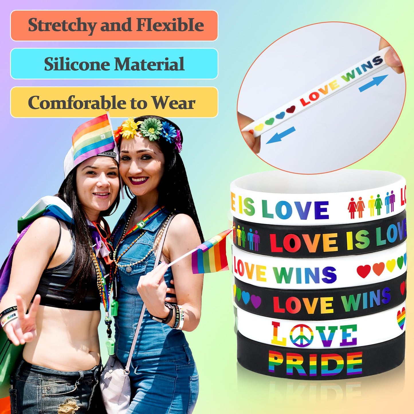Junebrushs 42Pcs Rainbow Gay Pride Silicone Bracelets Lgbt Support Rubber Wristbands For Pride Day Month Parades Decorations Par
