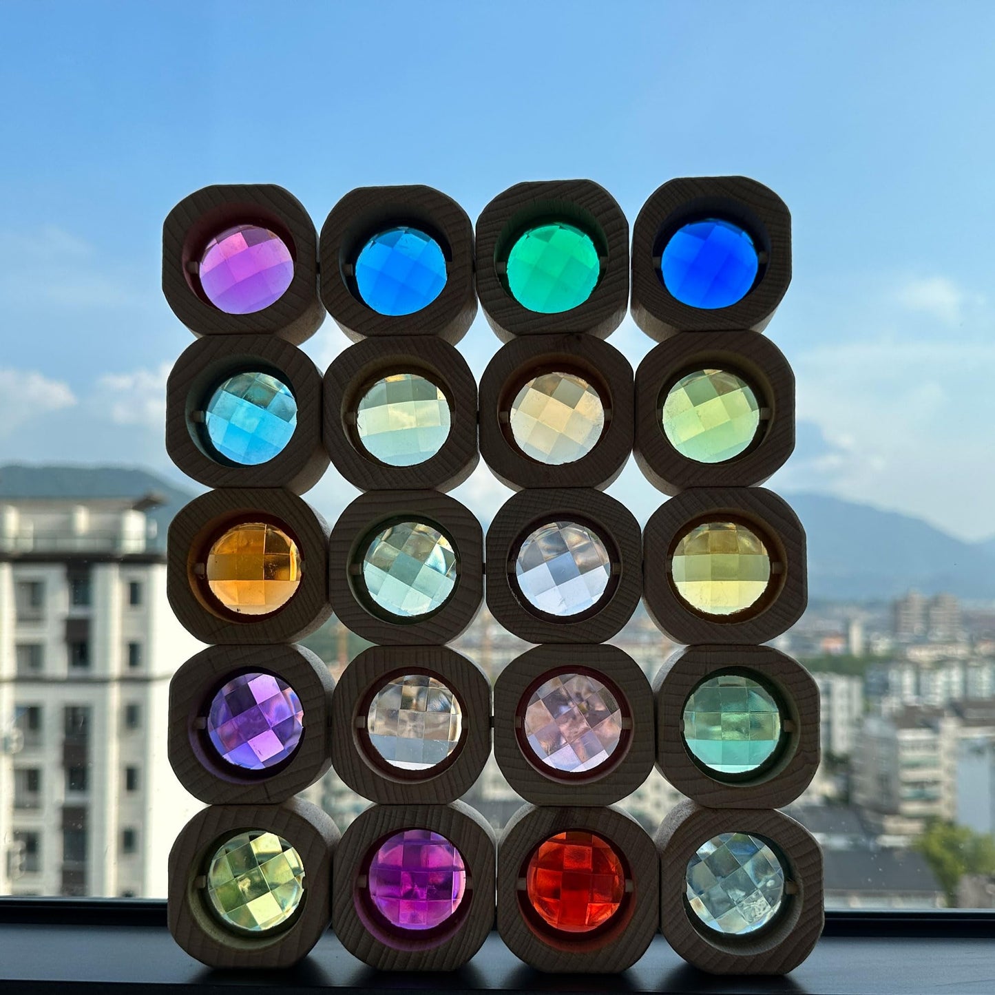 Koaics 20Pcs Wooden Gem Blocks Stacking Toys,Colorful Acrylic Windows Blocks, Rainbow Crystal Acrylic Building Cubes Educational