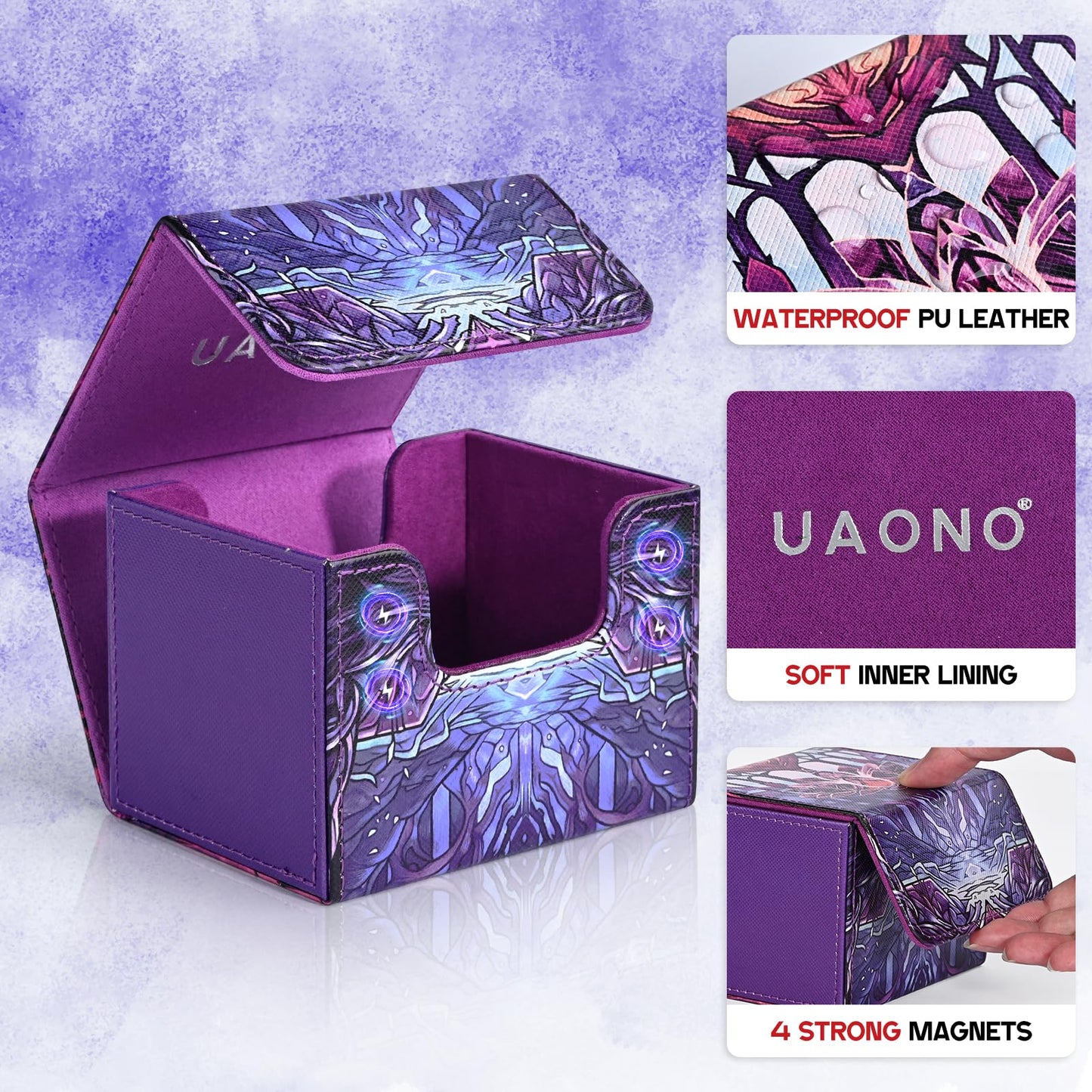 Uaono Deck Box For Mtg Cards, Trading Card Storage Box Holds 120+ Sleeved Commander Deck, Pu Leather Card Box Suits Tcg Magic Cards With 2 Dividers (Violet,Lotus)