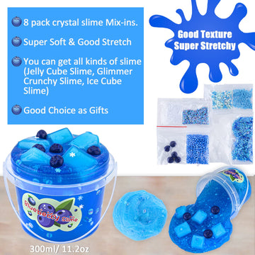 Clear Slime, Blueberry Slime For Kids With Jelly Cubes, Crunchy Slime With 8 Slime Add Ins, Non Stick Slime For Kids Party Favors, Birthday Christmas Easter Gifts Slime Kit For Girls And Boys Age 8-12