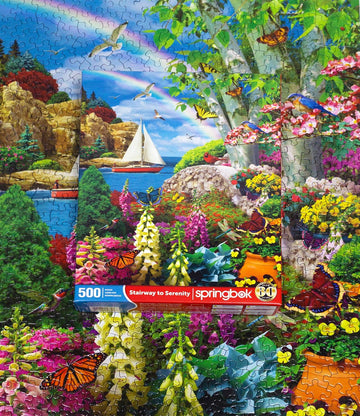 Springbok Stairway To Serenity 500 Piece Jigsaw Puzzle For Adults By Arist Alan Giana - Colorful Garden By The Ocean - Finished Size 23.5' X 18'
