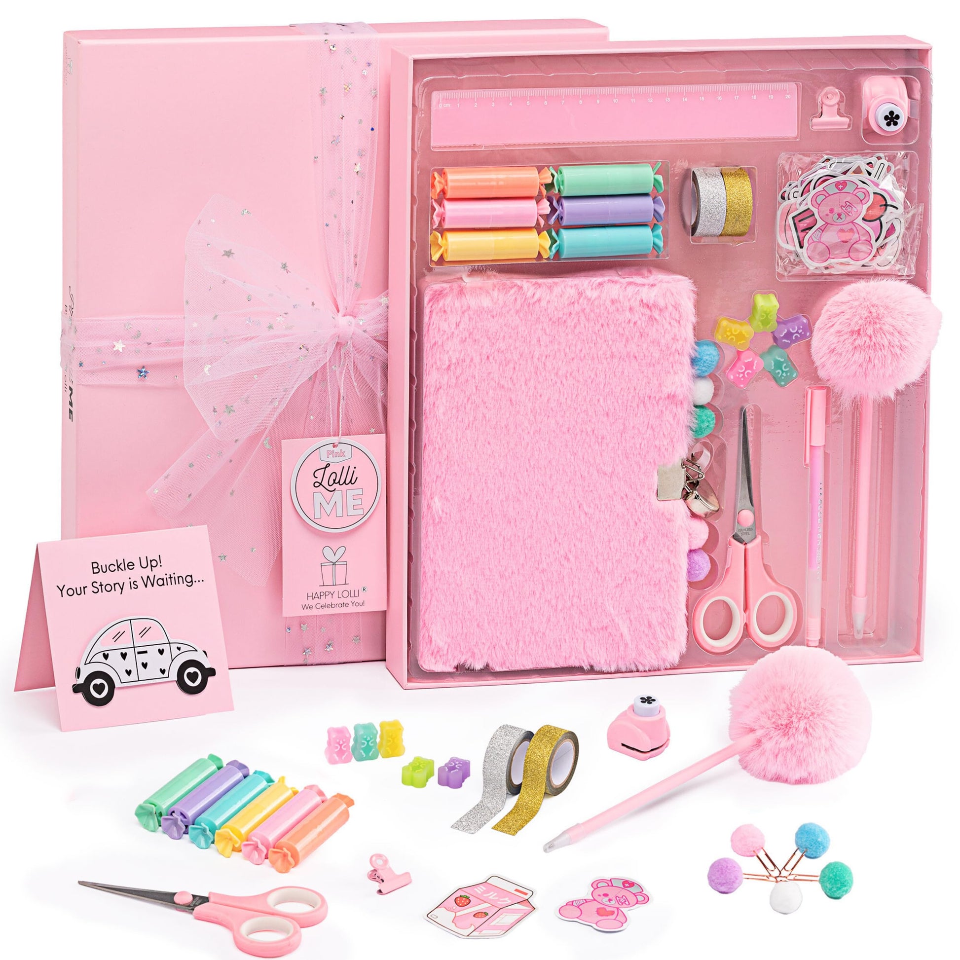 Happy LolliME Pink DIY Journal Kit for Girls - 300+ Pieces! Lockable Fuzzy Diary, Markers, Stickers & Empowering Pages - Gift Bo