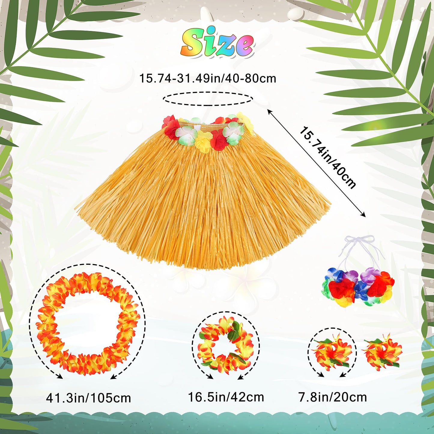 Fortuning's JDS 40cm Girl's Hawaiian Hula Grass Skirt with Flowers Costume for Luau Beach Party Performance Outfits Decor Gold
