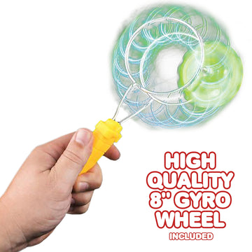 Retro Gyro Wheel Toy With Rail Twirler By Artcreativity – 8'' Gyro Toy And 8.5'' Magic Rail Twirler – Fun Spinning And Flashing Light Sensory Toy – Great Gift For Boys And Girls