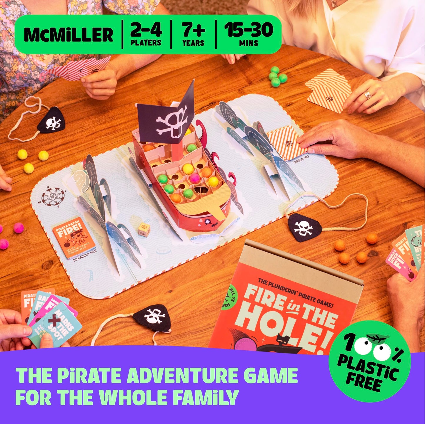 MCMILLER ENTERTAINMENT Fire In The Hole - Plastic-Free Pirate Party Game for 2-4 Players, Ages 7+, Multicolor Cardboard Fun