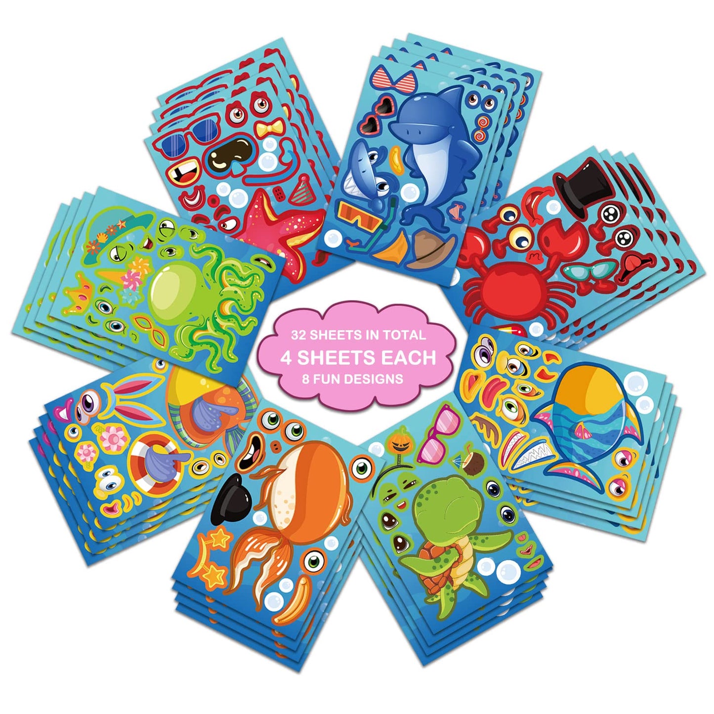 32 Sheets Make-A-Sea Face Stickers Ocean Animals Diy Art Craft Rewards For School Kid Teacher Summer Mermaid Party Favor Sticker
