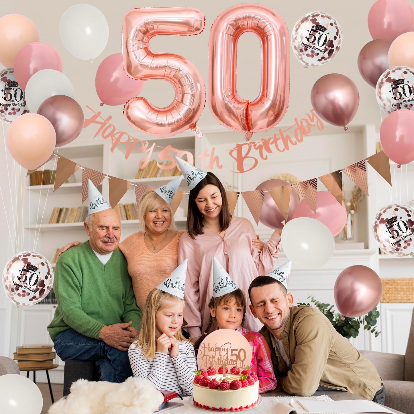 50Th Birthday Decorations Retro Pink Rose Gold,50Th Birthday Balloons,Happy 50Th Birthday Banner With Cake Toppers Rose Gold Num