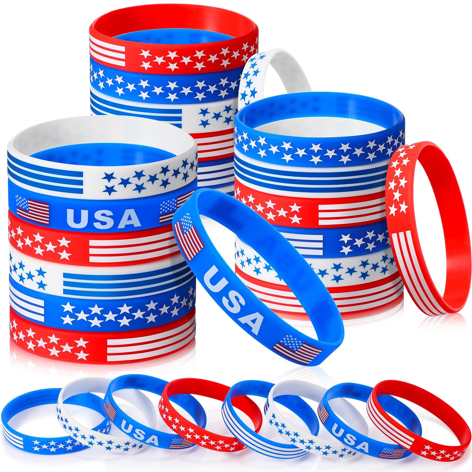 48 Pcs 4th of July Bracelets USA American Flag Bracelets Red White and Blue Bracelet Wristbands, Patriotic Silicone Bracelets fo