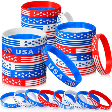 48 Pcs 4th of July Bracelets USA American Flag Bracelets Red White and Blue Bracelet Wristbands, Patriotic Silicone Bracelets fo