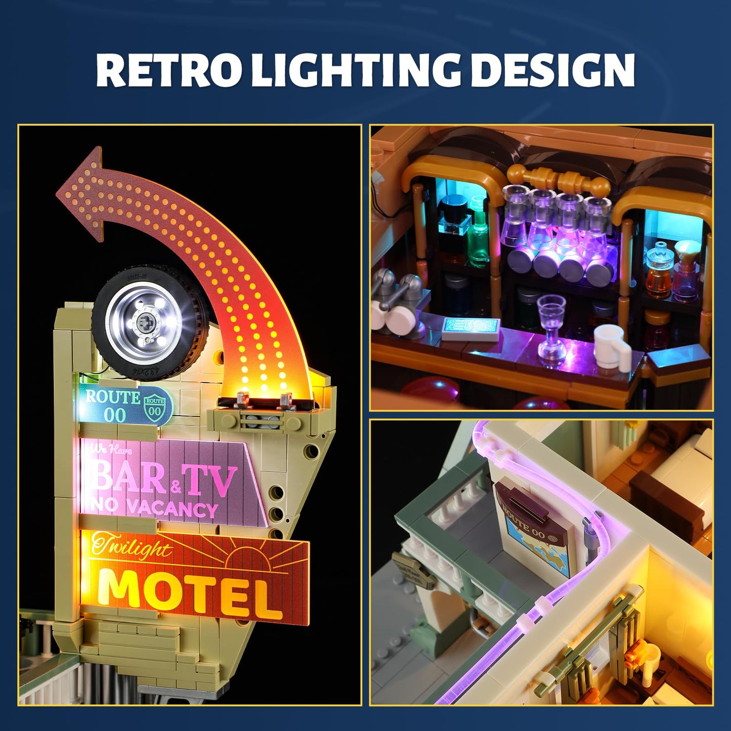 Funwhole City Car-Hotel Lighting Building-Bricks Set - Road Trip Modular Twilight Motel Collection Led Light Car And Motorcycle
