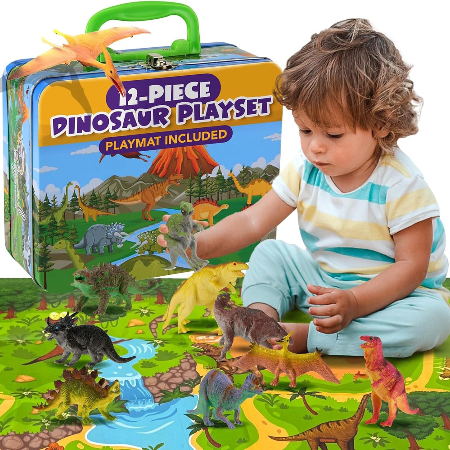 Beyond Innoventions Dinosaur Toys For Kids 2-4 | Value Pack Of 12 Realistic Dino Toys, Play Mat & Storage Box Included | Non-Tox