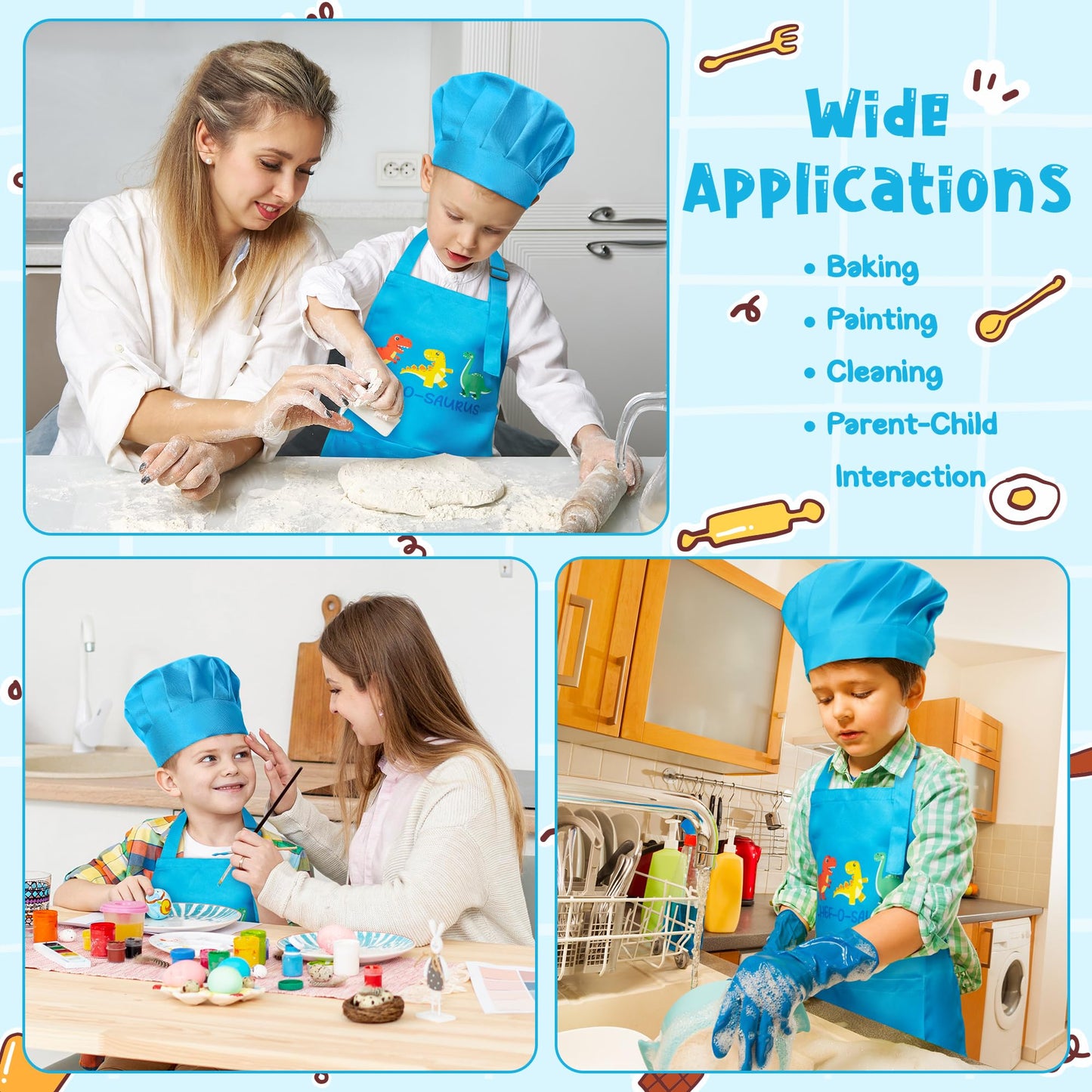R HORSE Kid Apron and Chef Hat Set 2Pcs Adjustable Children Blue Kitchen Apron Dress up Role Play Chef Toy Kid Funny Cooking Gif