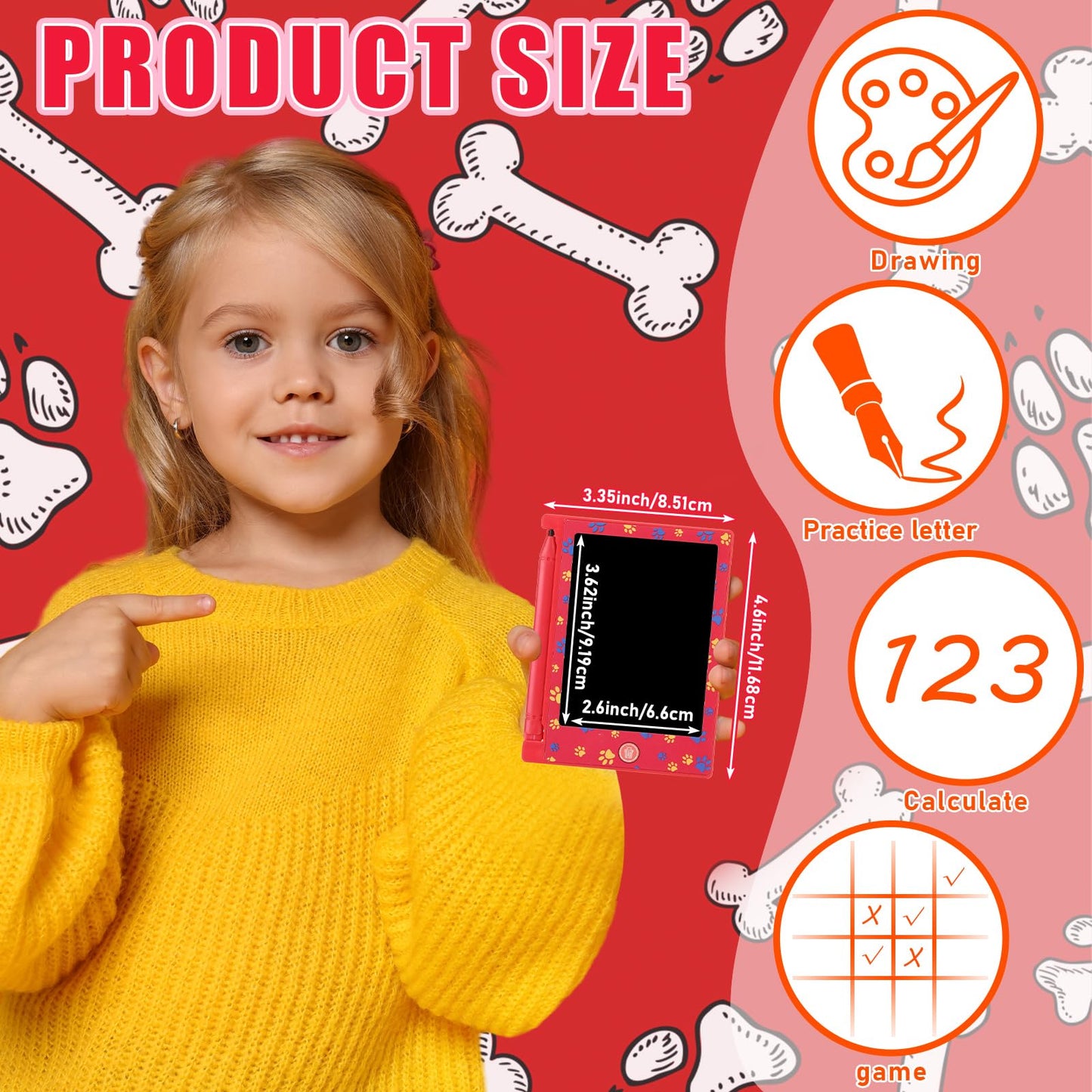 Nezyo 12 Pack Dog Paw Party Favors, 4.6 Red Pattern Kids LCD Writing Tablet Mini Drawing Tablet, Dog Paw Birthday Party Suppli