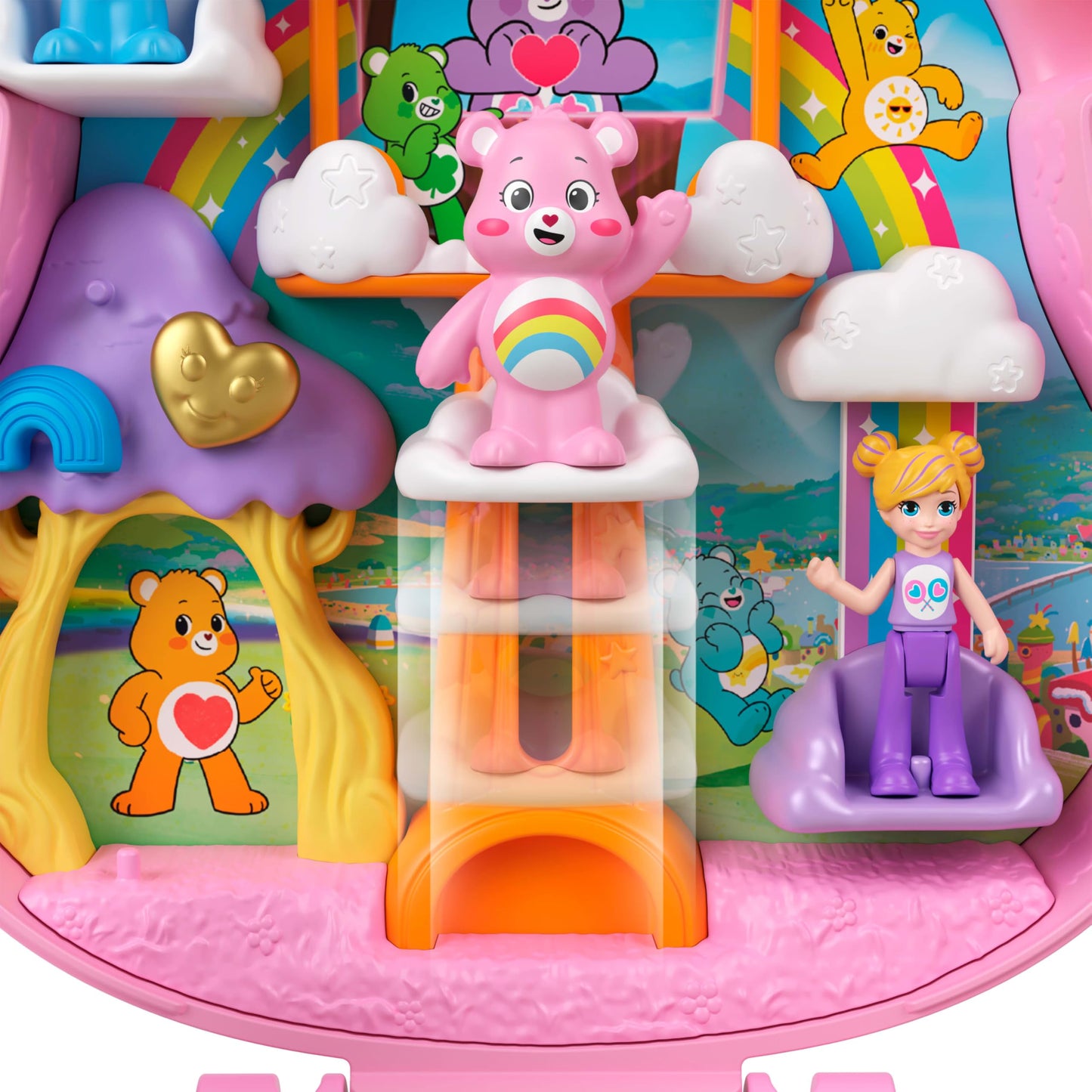 Polly Pocket Care Bears Dolls & Playset with Toy Car, Multicolor, Model JCC14, Travel Toy
