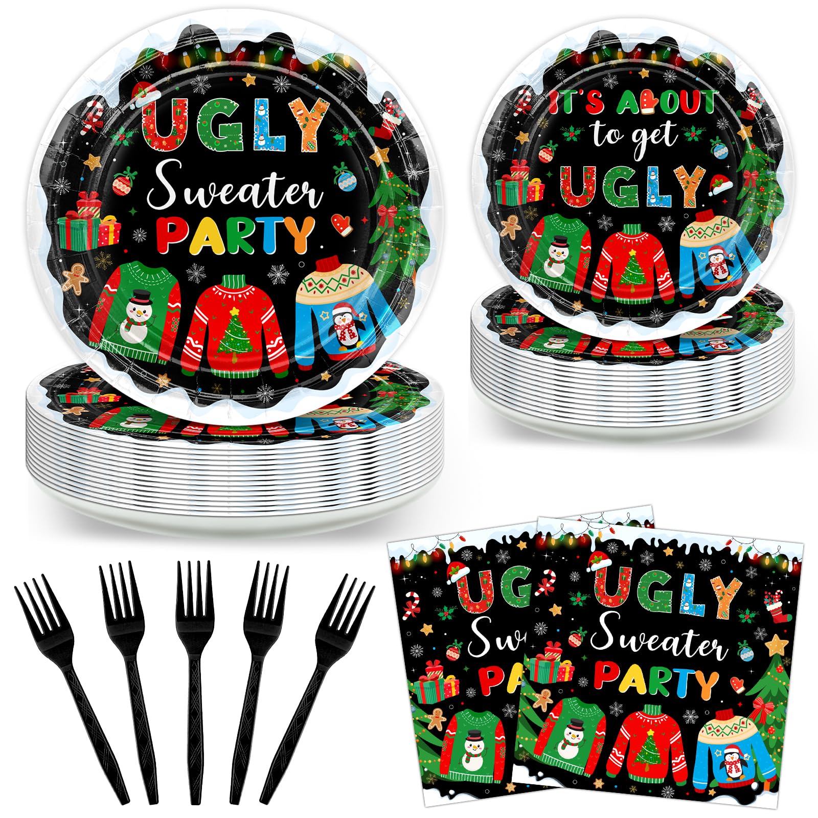 Avezano 96 pcs Ugly Sweater Party Supplies Christmas Paper Plates and Napkins Disposable Ugly Christmas Sweater Party Decoration