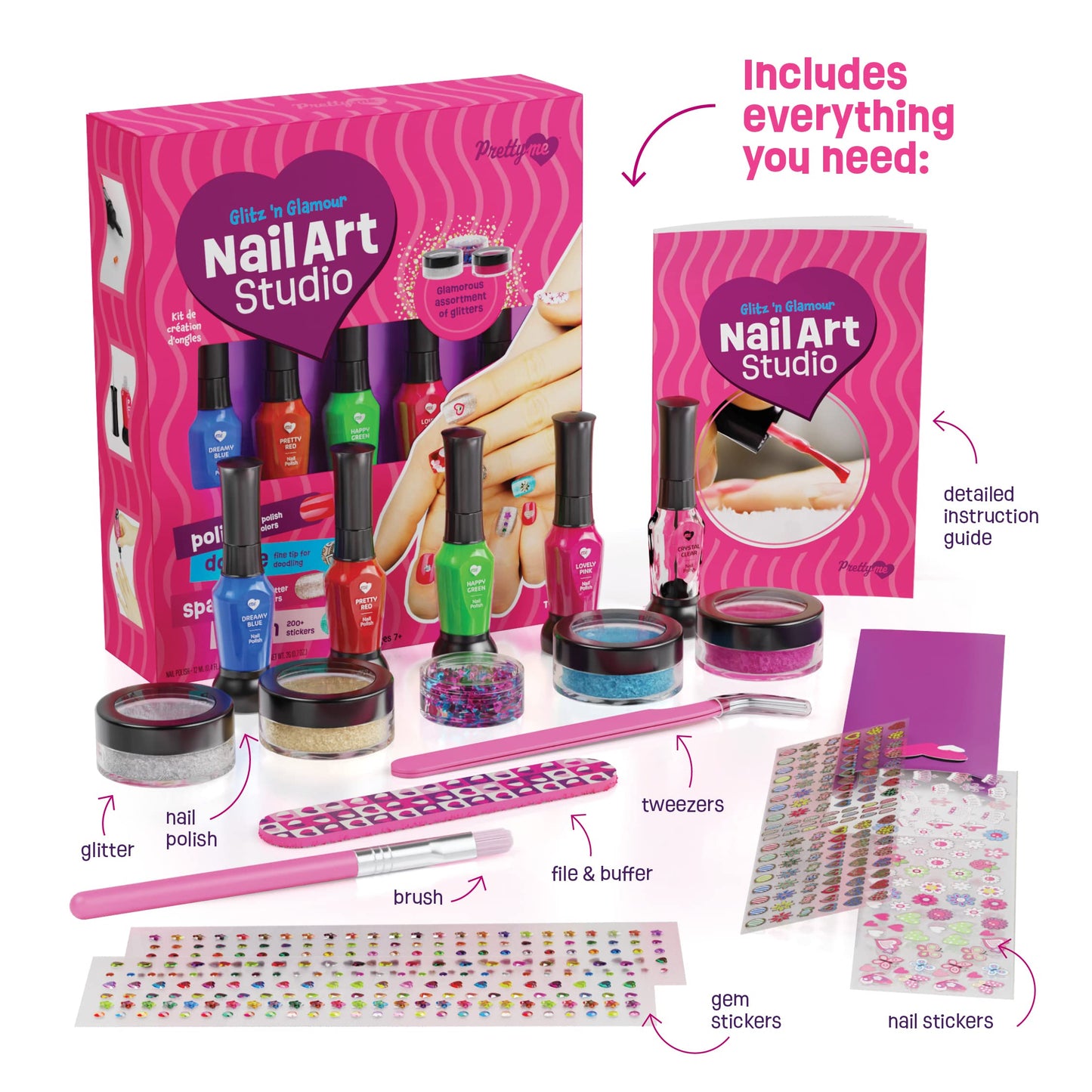 Pretty Me Nail Art Studio Kit - Multicolor Nail Polish Set for Kids Ages 7-12 - Includes Polish, Pens, Glitter, Stickers, Gems