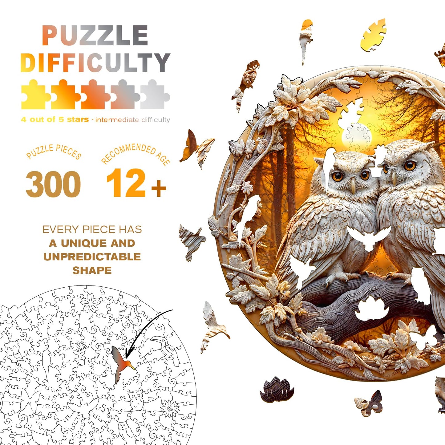 Wooden Puzzles for mature-themeds - Couple Owl Wooden Jigsaw Puzzle - Unique Animal Shaped Wood Puzzles mature-themed - Creative Birthday Gift Family Game 300pcs