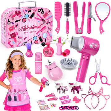 Lorfancy 49 Pcs Hair Salon Girls Toys Kids Pretend Play Makeup Sets Toddler Dress Up Beauty Hair Stylist Kit With Hairdryer Apro