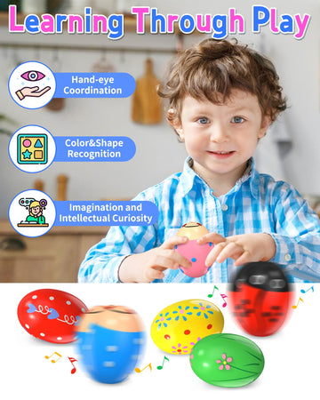 6 Pack Wooden Percussion Musical Shaker Prefilled Easter Eggs With Toys Inside Filled, Toddlers Easter Basket Stuffers Egg Fillers Montessori Toys Gifts For Kids Boys Girls Babies
