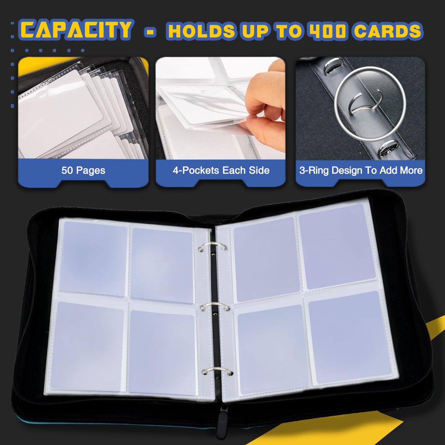 Card Binder, 4Pocket Trading Card Album, 400Pocket Double Sided Display Card Binder, Expandable, 3-Ring Zipper Sports Book Is Gi