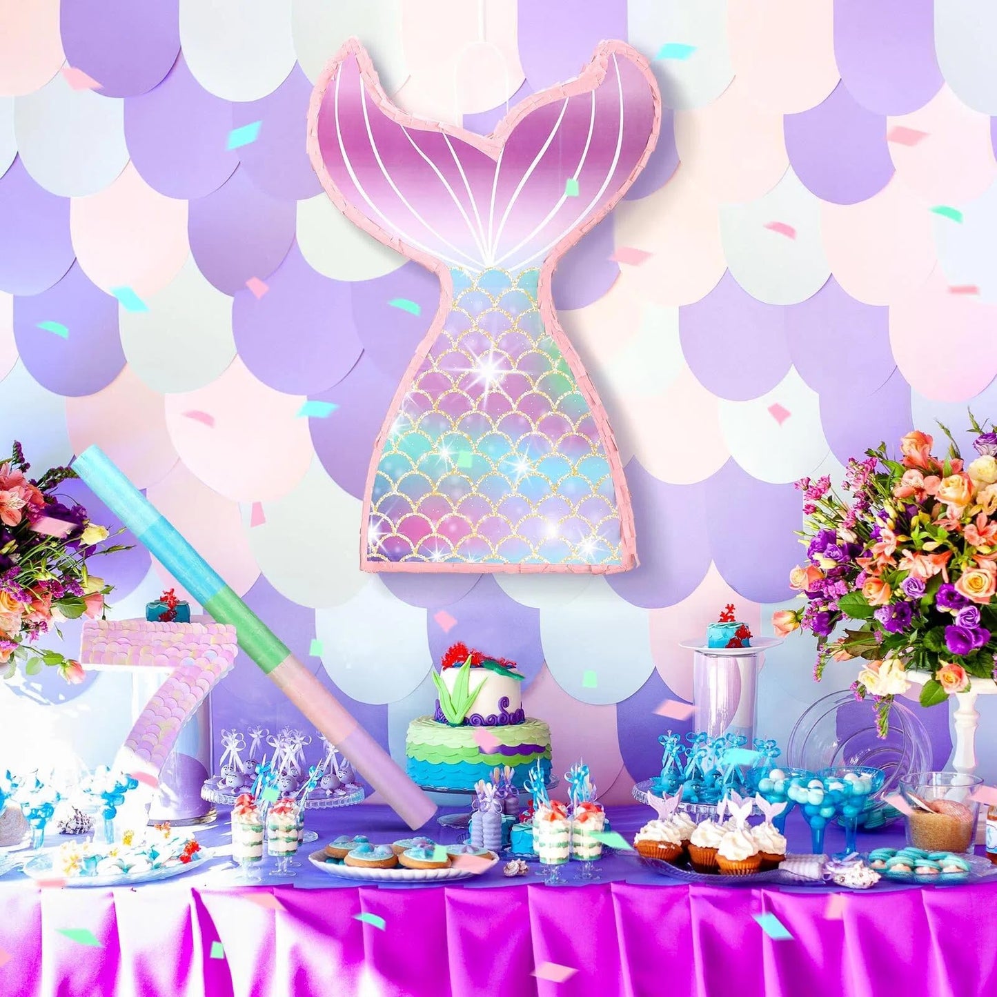 Zhanmai Mermaid Piñata Bundle - Ocean Themed Birthday Party Supplies, Blue Paper with Blindfold and Bat