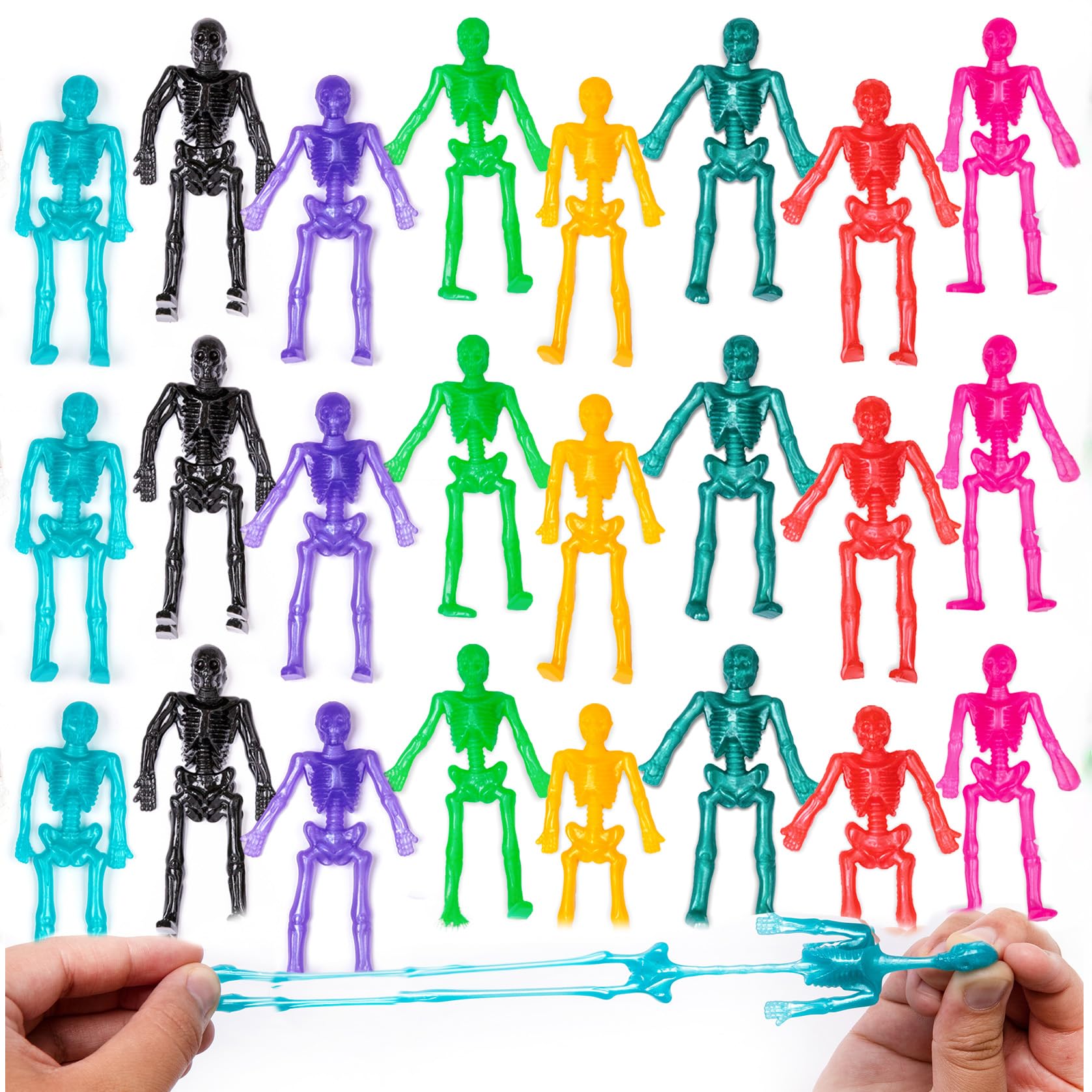 ArtCreativity Super Stretchy Skeleton Toys - Set of 48 - Halloween Toys for Kids in 10 Vibrant Colors - Stretch 7X Their Size - 