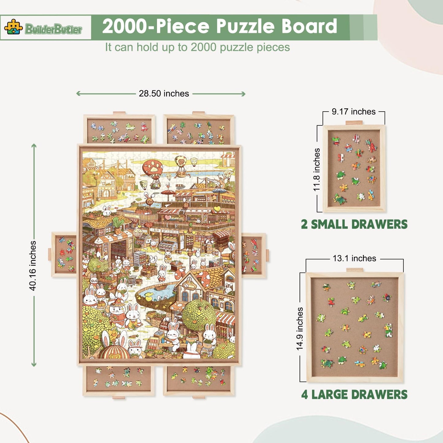 Builderbutler 2000 Pieces Rotating Puzzle Board With 6 Drawers,29.7''X41.3'' Portable Wooden Jigsaw Puzzle Table With Lazy Susan