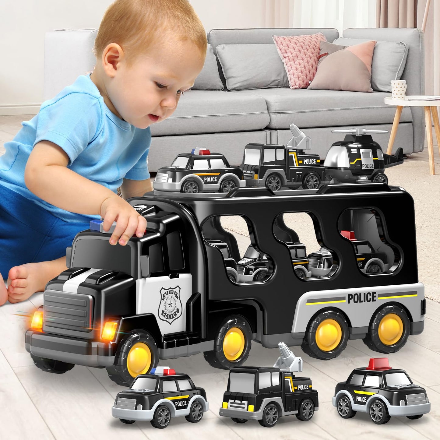 Beby Buty 7 in 1 Police Trucks Cars Toys for Toddlers 3-5, Boy Toddler Car Truck Toys with Light Sound, Birthday Gifts Toys for